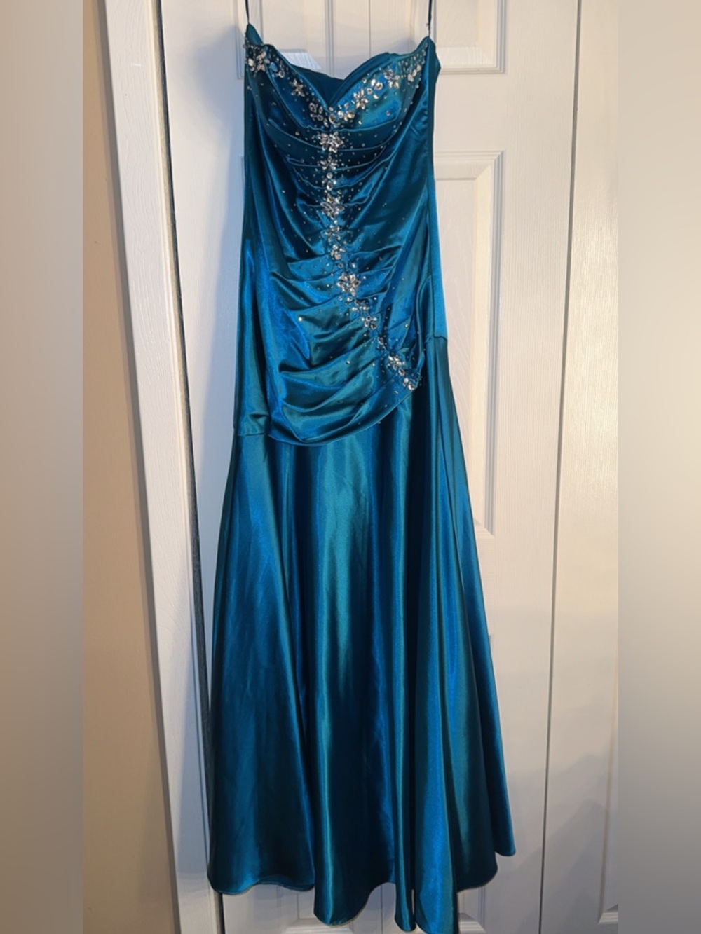 Jump Teal Satin Evening Dress with Sparkle Fabric